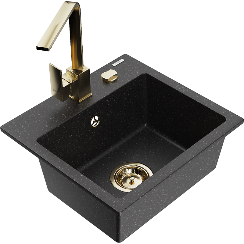Mexen Milo Granitspüle 1-beckig mit Küchenarmatur Rita, schwarz/silber metallic - 6505-73-670300-50
