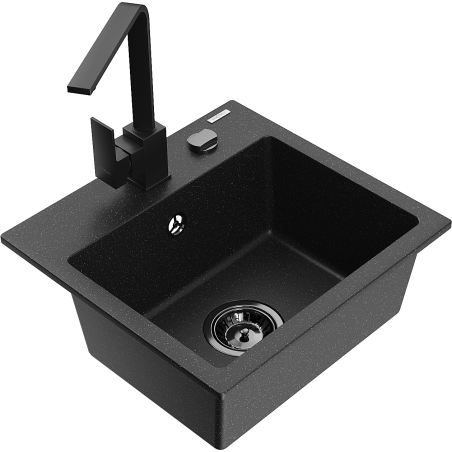 Mexen Milo Einbeckiger Granitspülbecken mit Küchenarmatur Rita, schwarz/silber metallic - 6505-73-670300-70-B