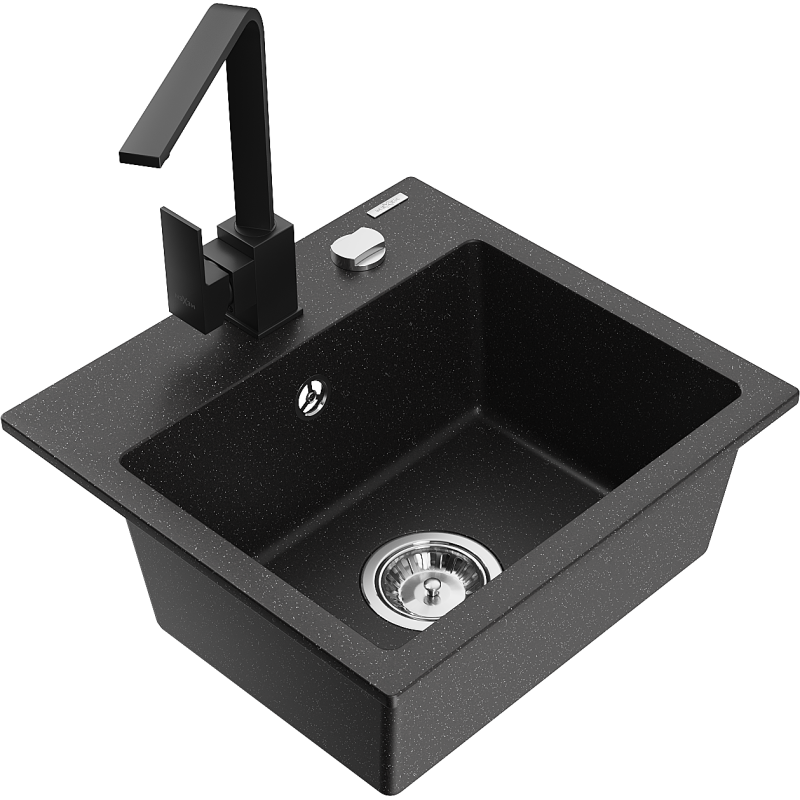 Mexen Milo Granitspüle 1-Becken mit Küchenarmatur Rita, Schwarz/Silber Metallic - 6505-73-670300-70