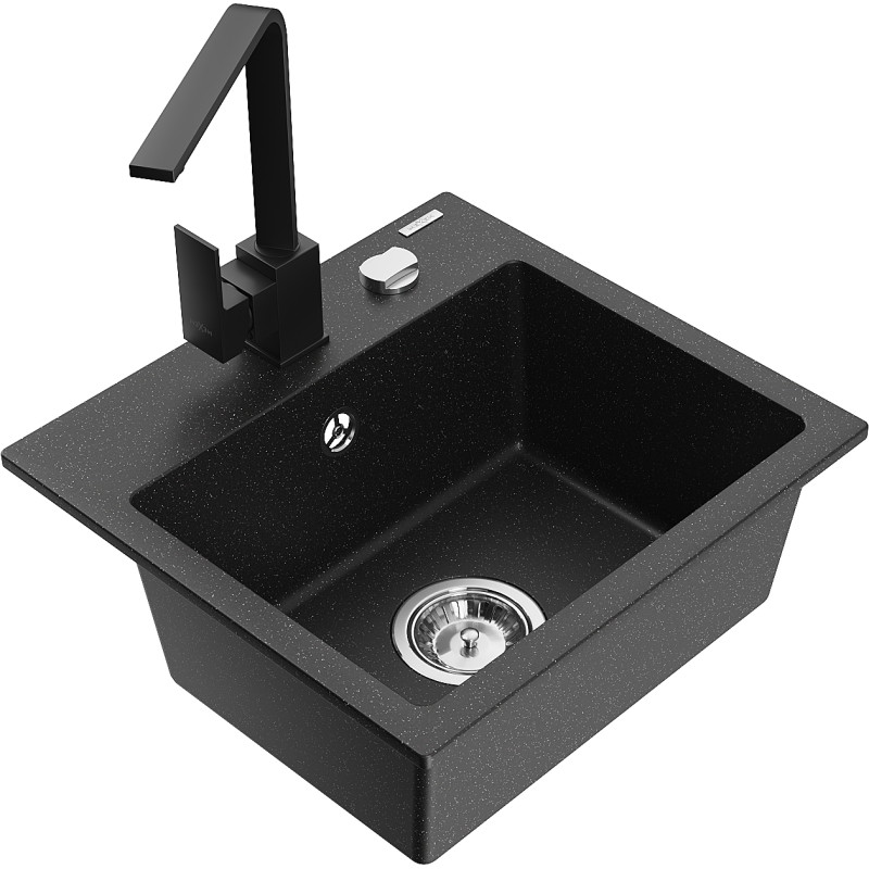 Mexen Milo Granitspüle 1-Kammer mit Küchenarmatur Rita, schwarz/silber metallic - 6505-73-670300-70