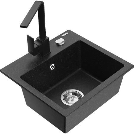 Mexen Milo Granitspüle 1-Becken mit Küchenarmatur Rita, Schwarz/Silber Metallic - 6505-73-670300-70