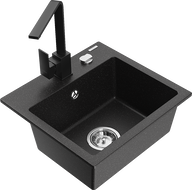 Mexen Milo Granitspüle 1-Becken mit Küchenarmatur Rita, Schwarz/Silber Metallic - 6505-73-670300-70
