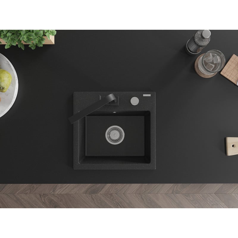 Mexen Milo Granitspüle 1-Becken mit Küchenarmatur Rita, Schwarz/Silber Metallic - 6505-73-670300-70