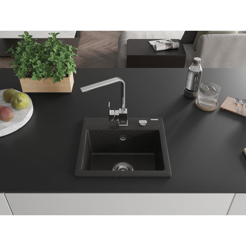Mexen Milo granitspüle 1-becken mit Küchenarmatur Rita, schwarz/gold metallic - 6505-75-670300-00