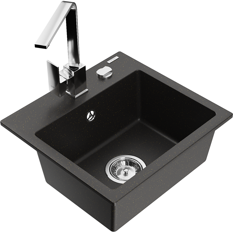 Mexen Milo granitspüle 1-becken mit Küchenarmatur Rita, schwarz/gold metallic - 6505-75-670300-00