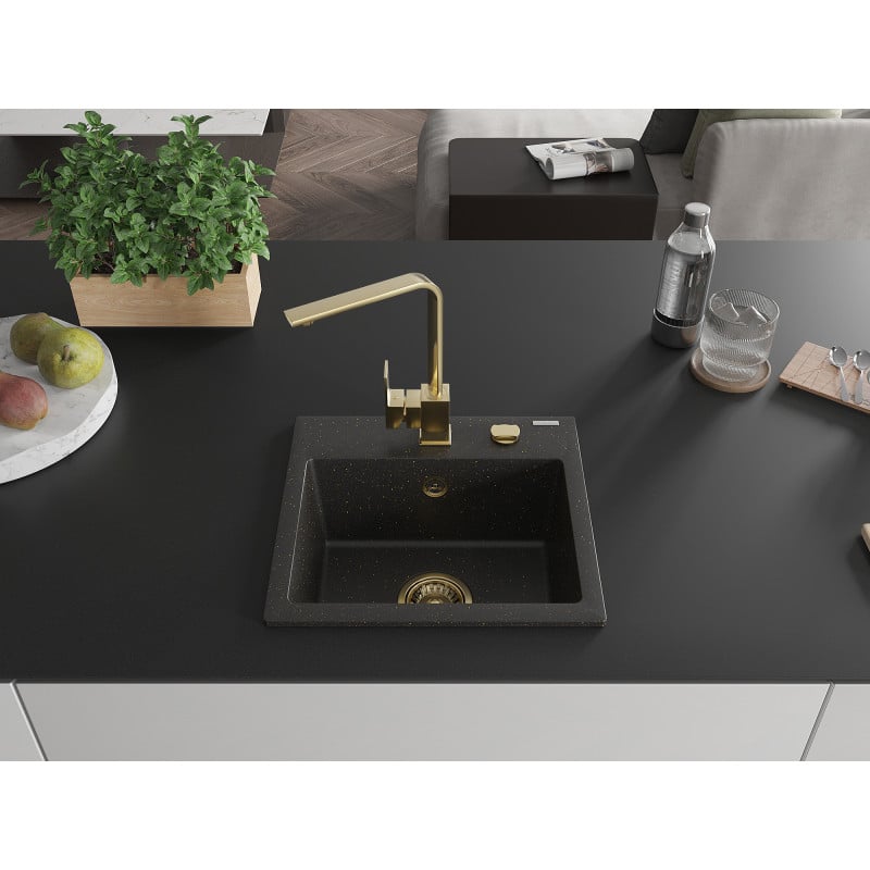 Mexen Milo Granitspüle 1-beckig mit Küchenarmatur Rita, Schwarz/Gold Metallic - 6505-75-670300-50