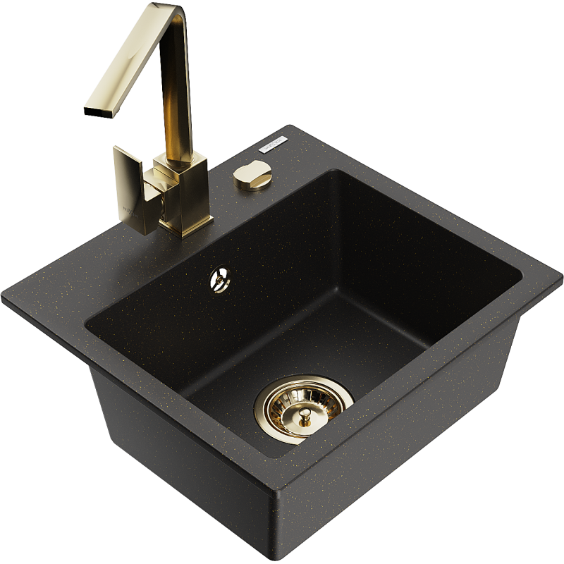 Mexen Milo Granitspüle 1-beckig mit Küchenarmatur Rita, Schwarz/Gold Metallic - 6505-75-670300-50