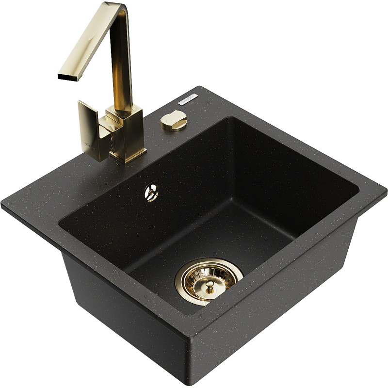 Mexen Milo Granitspüle ein Becken mit Küchenarmatur Rita, Schwarz/Gold Metallic - 6505-75-670300-50