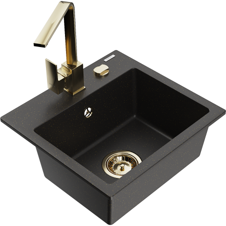 Mexen Milo Granitspüle 1-beckig mit Küchenarmatur Rita, Schwarz/Gold Metallic - 6505-75-670300-50