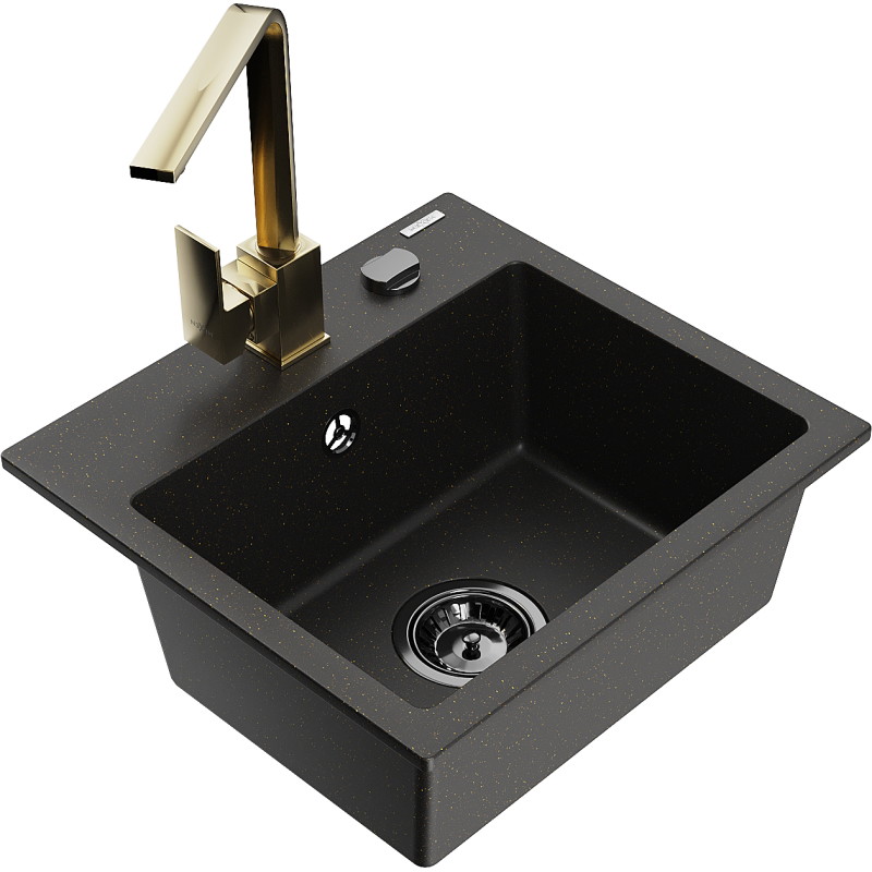 Mexen Milo Granitspüle 1-becken mit Küchenarmatur Rita, schwarz/gold-metallisch - 6505-75-670300-50-B