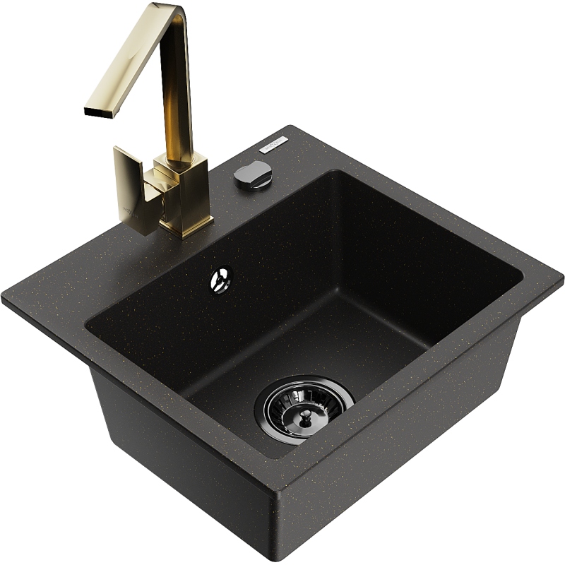Mexen Milo Granitspüle 1-Kammer mit Küchenarmatur Rita, schwarz/goldener Metallic - 6505-75-670300-50-B