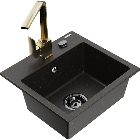 Mexen Milo Granitspüle 1-Kammer mit Küchenarmatur Rita, schwarz/goldener Metallic - 6505-75-670300-50-B