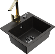 Mexen Milo Granitspüle 1-Kammer mit Küchenarmatur Rita, schwarz/goldener Metallic - 6505-75-670300-50-B