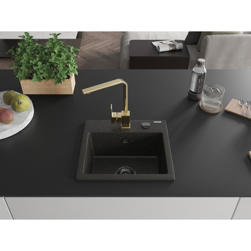 Mexen Milo Granitspüle 1-Becken mit Küchenarmatur Rita, schwarz/gold metallic - 6505-75-670300-50-B