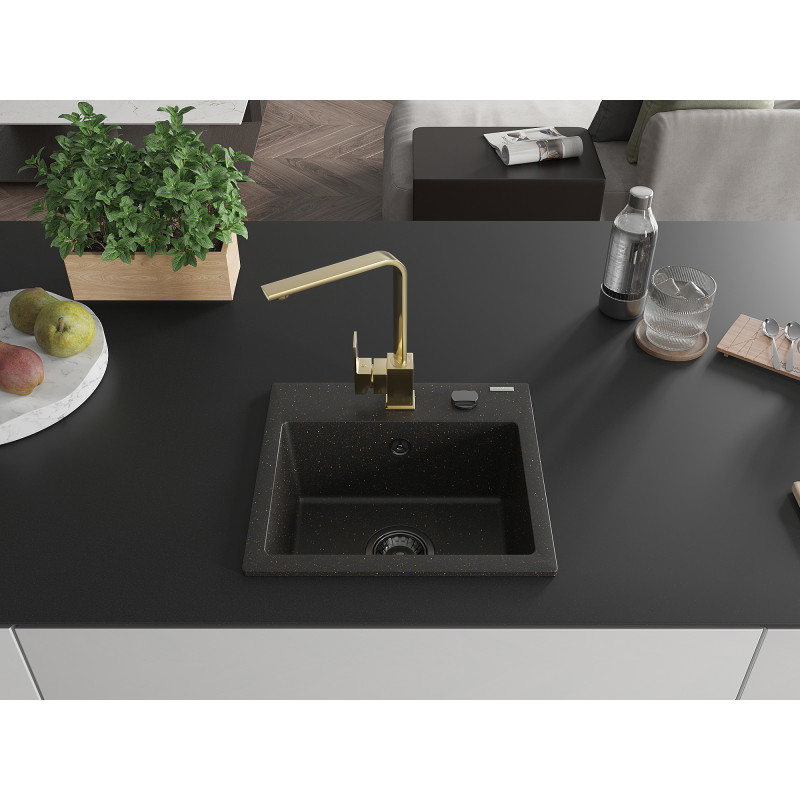 Mexen Milo Granitspüle 1-Kammer mit Küchenarmatur Rita, schwarz/goldener Metallic - 6505-75-670300-50-B