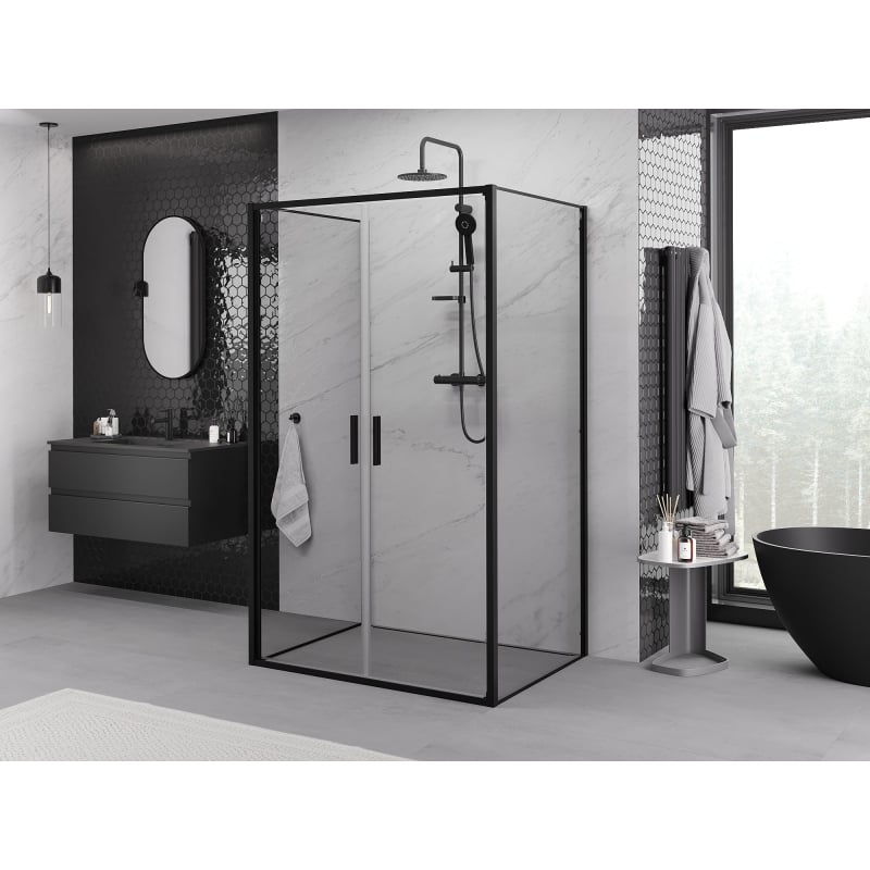 Mexen Exo-3S dreiwandige Duschkabine, schwenkbar, 110 x 75 cm, transparent, schwarz - 814-110-075-70-00-3S