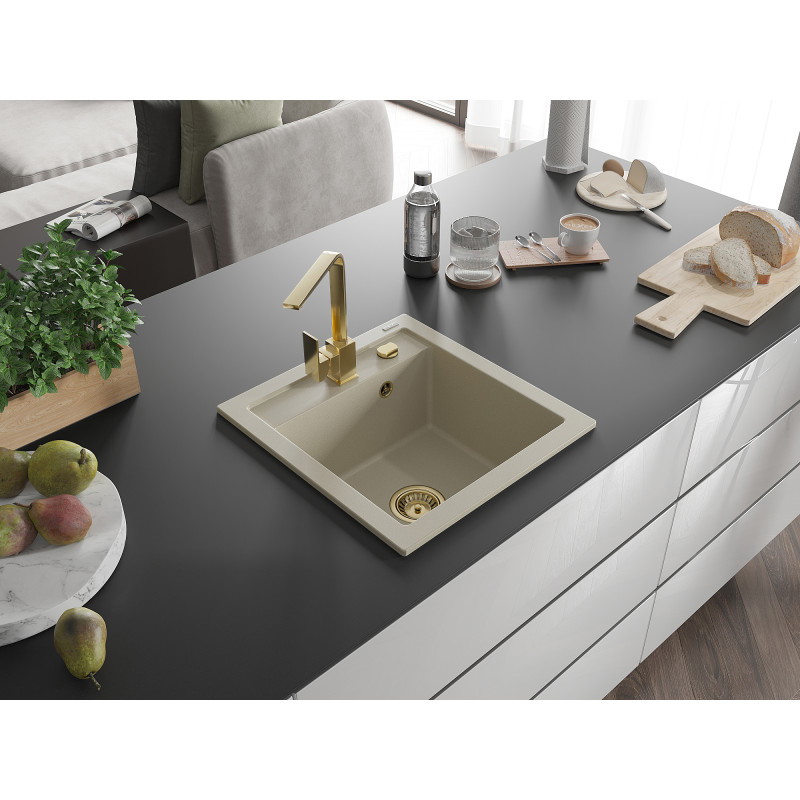 Mexen Vito Granitspüle 1-beckig mit Küchenarmatur Rita, beige - 6503-69-670300-50