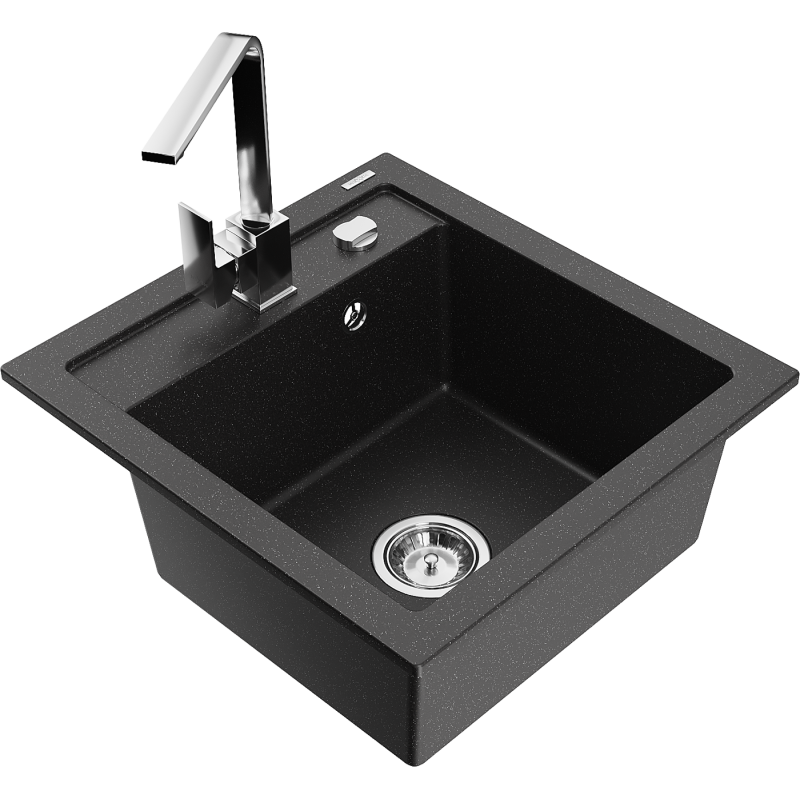 Mexen Vito Granitspüle 1-Becken mit Küchenarmatur Rita, Schwarz/Silber Metallic - 6503-73-670300-00