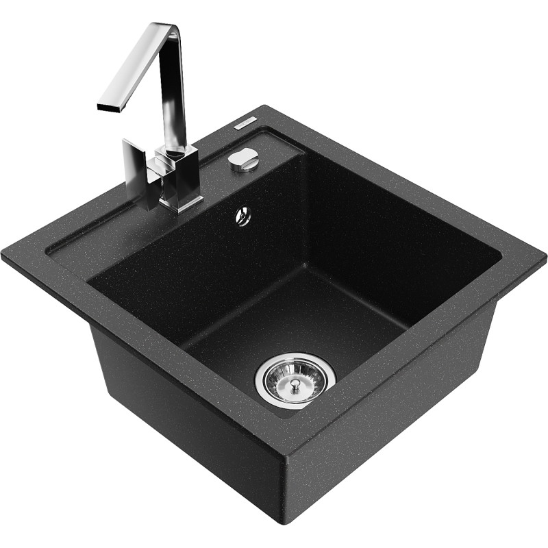 Mexen Vito Granitspüle 1-beckig mit Küchenarmatur Rita, schwarz/silberner Metallic - 6503-73-670300-00