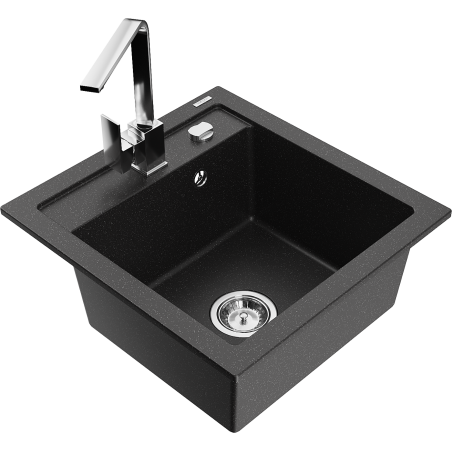 Mexen Vito Granitspüle 1-Becken mit Küchenarmatur Rita, Schwarz/Silber Metallic - 6503-73-670300-00