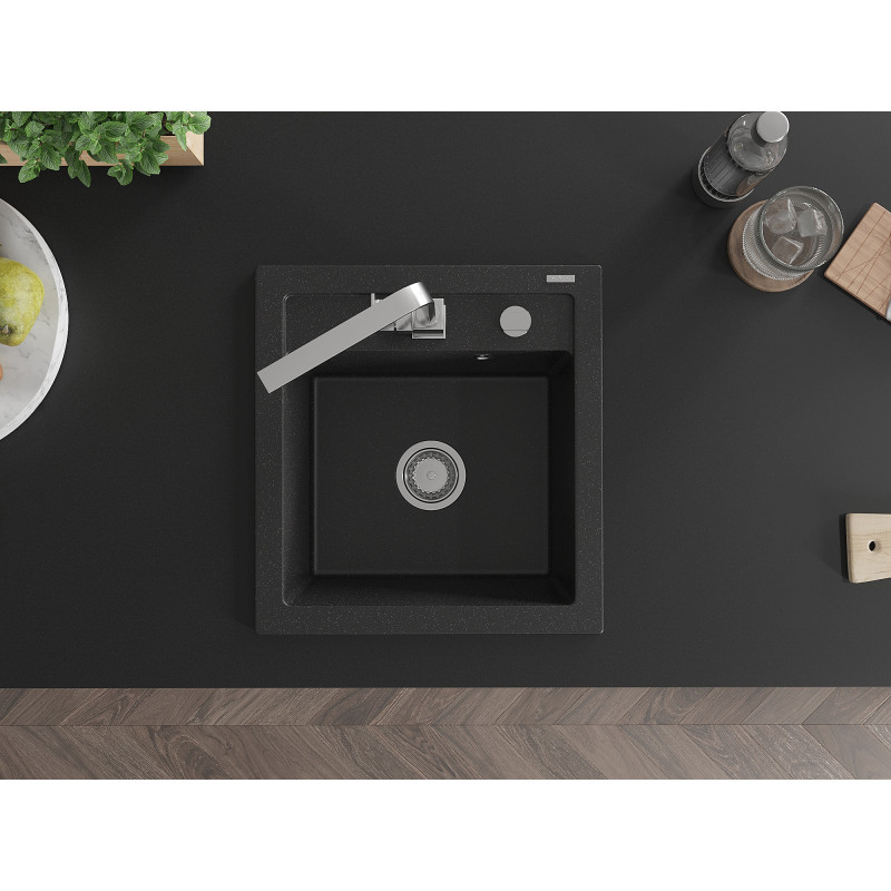 Mexen Vito Granitspüle 1-Becken mit Küchenarmatur Rita, Schwarz/Silber Metallic - 6503-73-670300-00