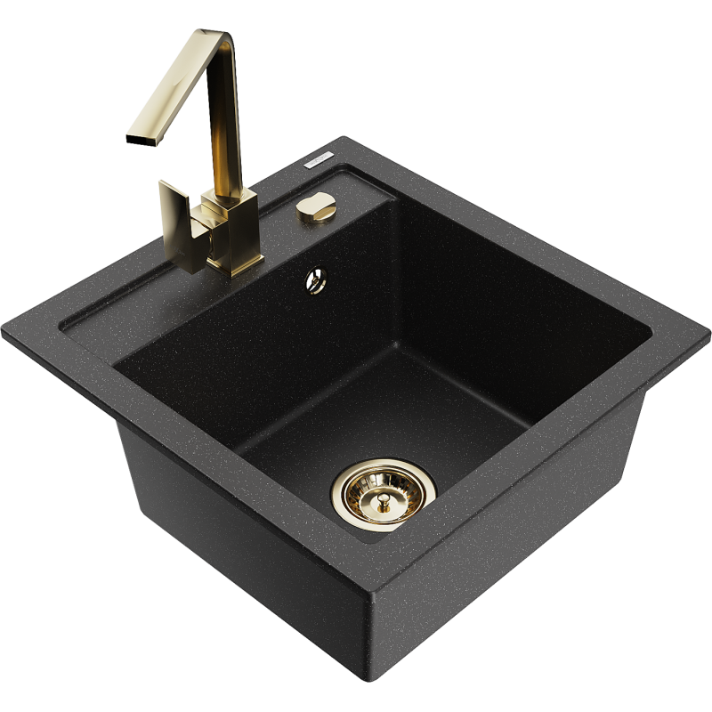 Mexen Vito Granitspüle 1-Becken mit Küchenarmatur Rita, schwarz/silber metallic - 6503-73-670300-50