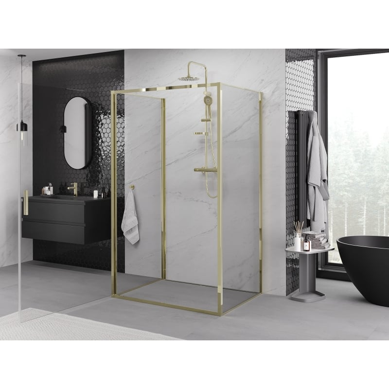 Mexen Exo-3S Duschkabine 3-seitig schwenkbar 90 x 75 cm, transparent, gold - 817-090-075-50-00-3S