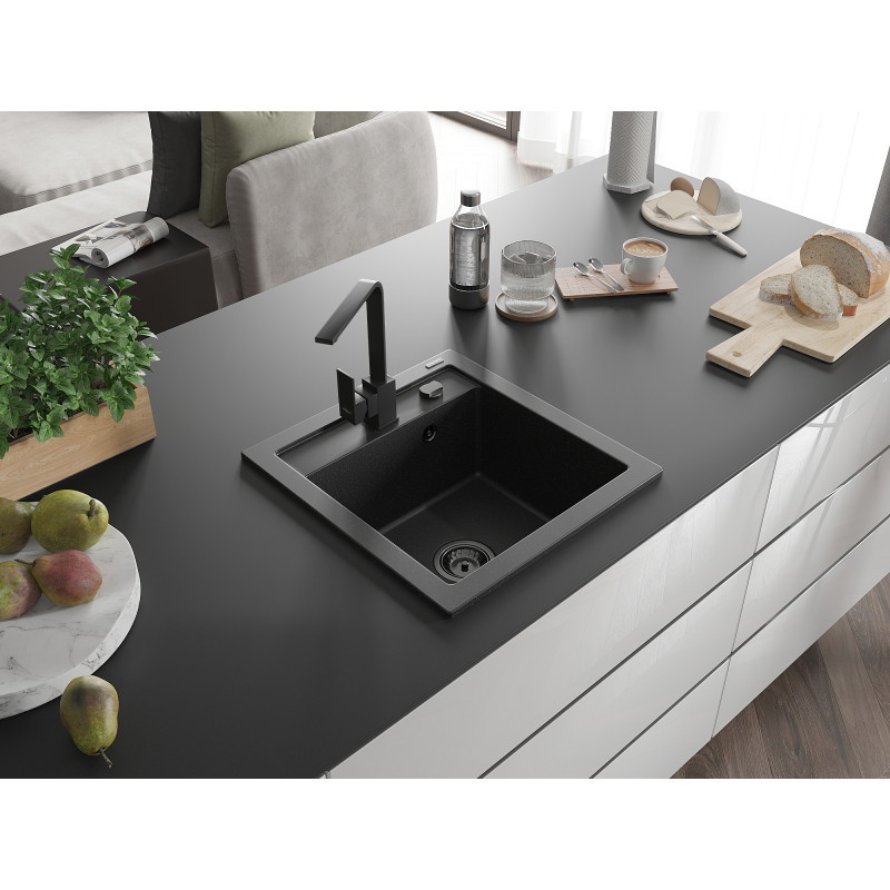 Mexen Vito Granitspüle 1-Becken mit Küchenarmatur Rita, schwarz/silber metallic - 6503-73-670300-70-B