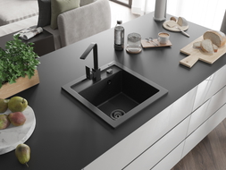 Mexen Vito Granitspüle 1-Becken mit Küchenarmatur Rita, schwarz/silber metallic - 6503-73-670300-70-B