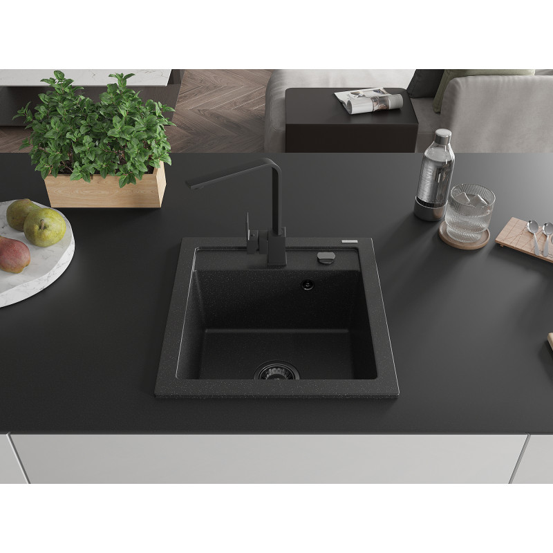 Mexen Vito Granitspüle 1-Becken mit Küchenarmatur Rita, schwarz/silber metallic - 6503-73-670300-70-B