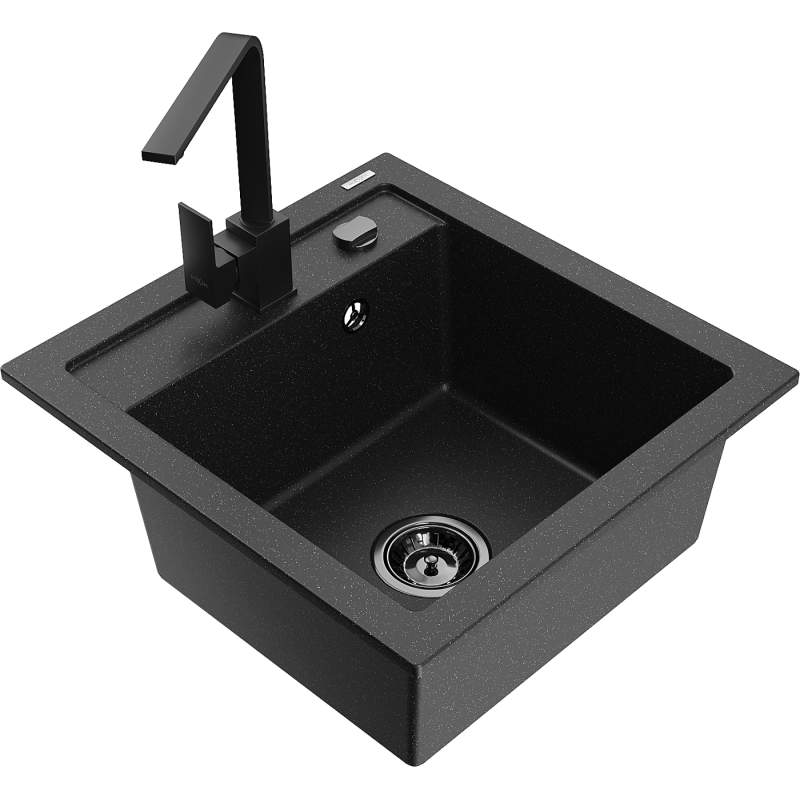 Mexen Vito Granitspüle 1-Becken mit Küchenarmatur Rita, schwarz/silber metallic - 6503-73-670300-70-B