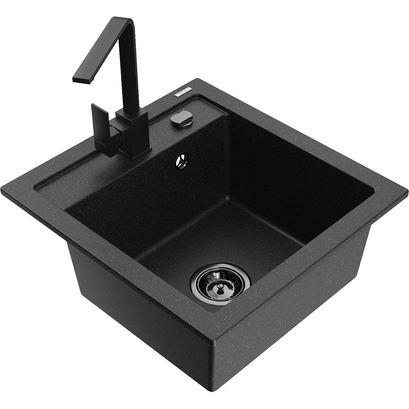 Mexen Vito granitspüle 1-beckig mit küchenarmatur Rita, schwarz/silber metallic - 6503-73-670300-70-B