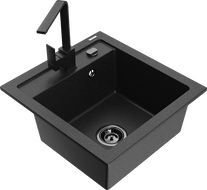 Mexen Vito Granitspüle 1-Becken mit Küchenarmatur Rita, schwarz/silber metallic - 6503-73-670300-70-B