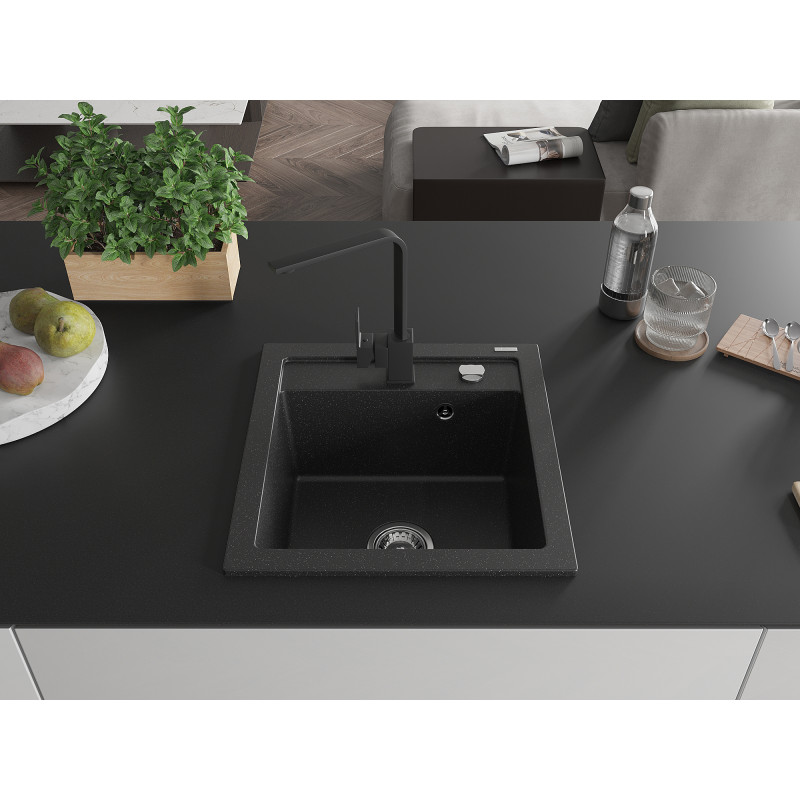 Mexen Vito Granitspüle 1-Becken mit Küchenarmatur Rita, schwarz/silber Metallic - 6503-73-670300-70