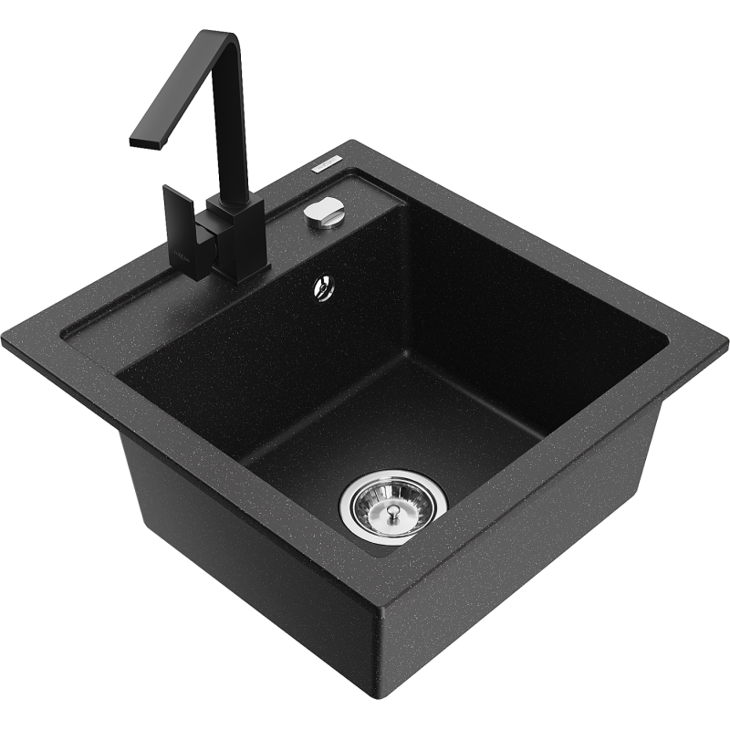 Mexen Vito Granitspüle 1-Becken mit Küchenarmatur Rita, schwarz/silber Metallic - 6503-73-670300-70