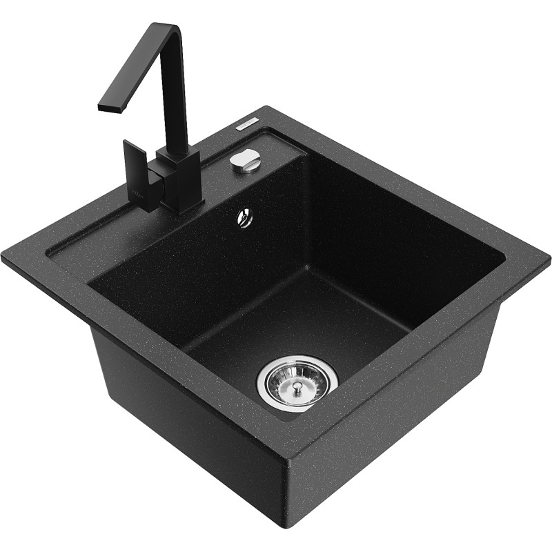 Mexen Vito Granitspüle 1-beckig mit Küchenarmatur Rita, schwarz/silber metallic - 6503-73-670300-70