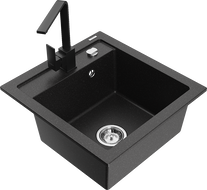 Mexen Vito Granitspüle 1-Becken mit Küchenarmatur Rita, schwarz/silber Metallic - 6503-73-670300-70