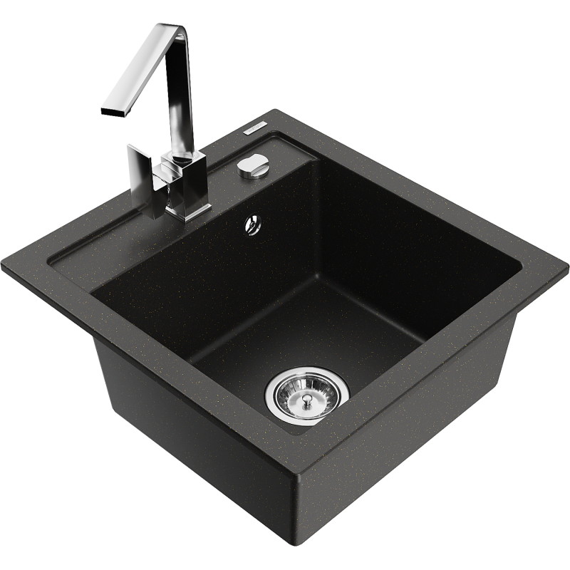 Mexen Vito Granitspüle 1-beckig mit Küchenarmatur Rita, schwarz/goldener Metallic - 6503-75-670300-00