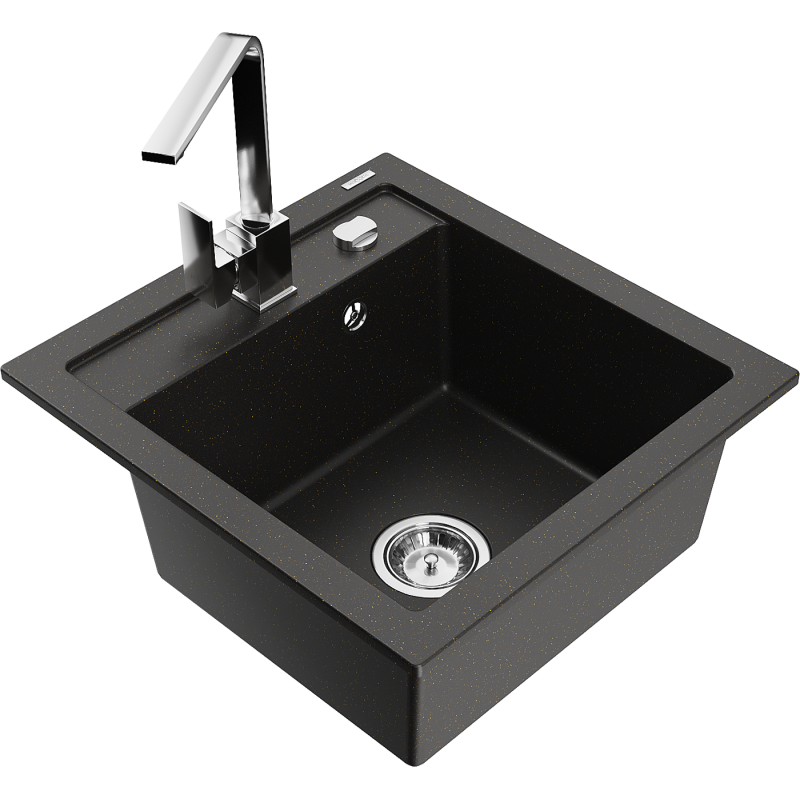 Mexen Vito Granitspüle, ein Becken mit Küchenarmatur Rita, schwarz/gold metallic - 6503-75-670300-00
