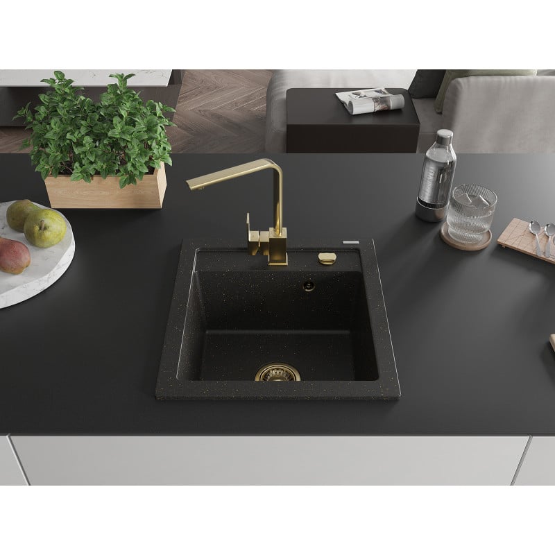 Mexen Vito Granitspüle 1-Becken mit Küchenarmatur Rita, schwarz/gold metallic - 6503-75-670300-50