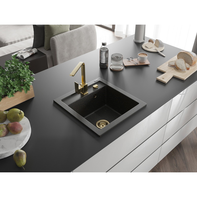 Mexen Vito Granitspüle 1-Becken mit Küchenarmatur Rita, schwarz/gold metallic - 6503-75-670300-50