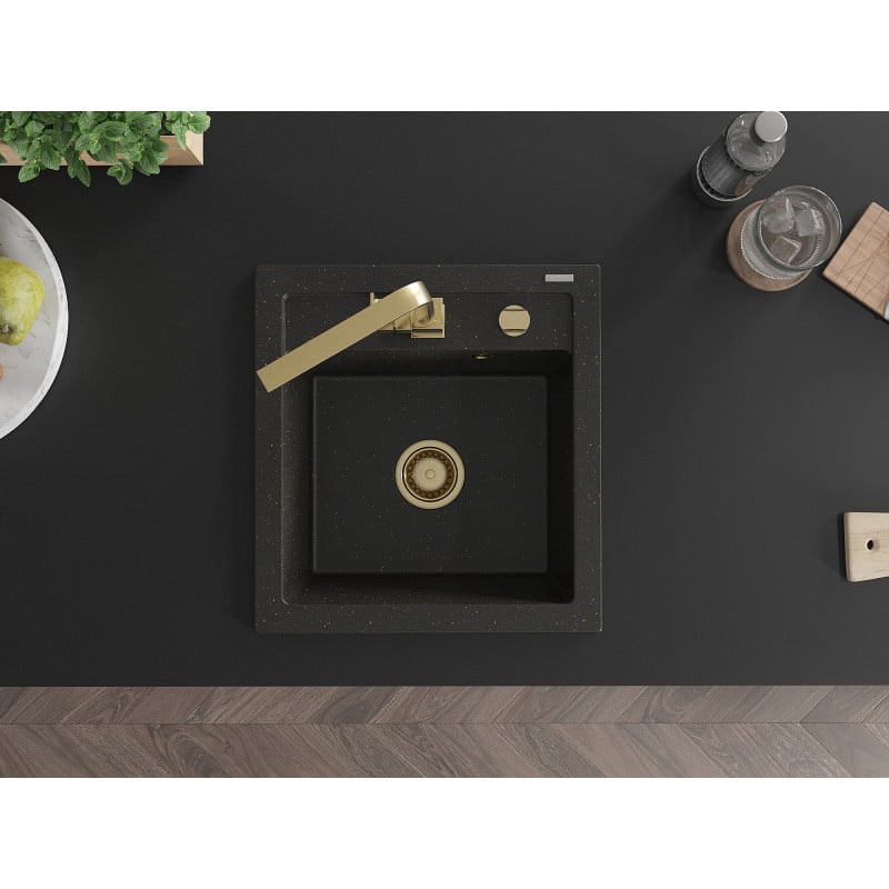 Mexen Vito Granitspüle 1-Becken mit Küchenarmatur Rita, schwarz/gold metallic - 6503-75-670300-50
