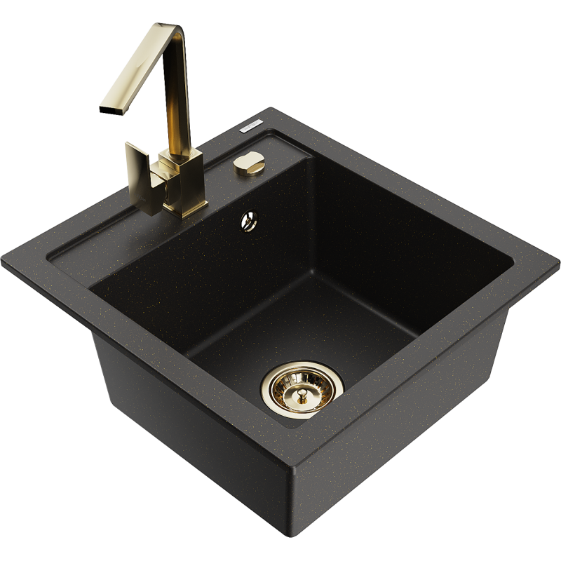 Mexen Vito Granitspüle 1-Becken mit Küchenarmatur Rita, schwarz/gold metallic - 6503-75-670300-50