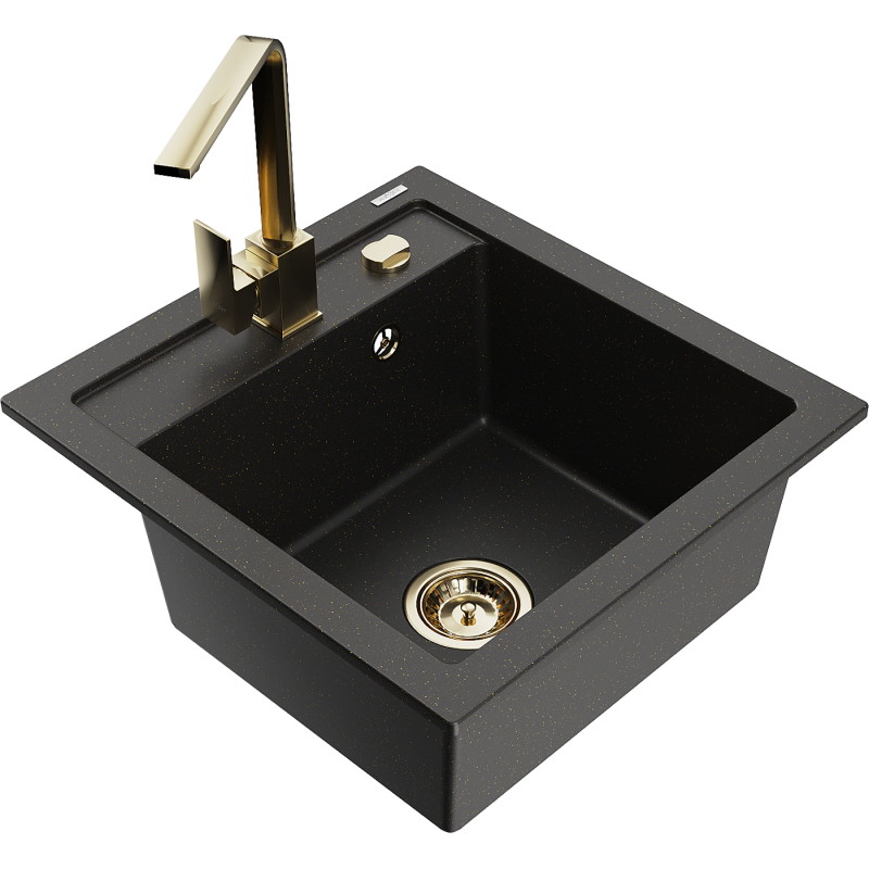 Mexen Vito Granitspüle 1-beckig mit Küchenarmatur Rita, schwarz/gold metallic - 6503-75-670300-50