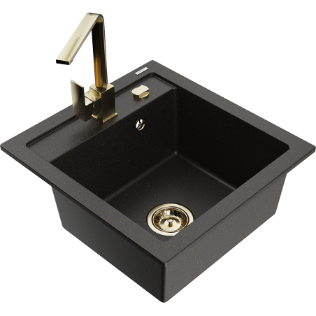 Mexen Vito Granitspüle 1-Becken mit Küchenarmatur Rita, schwarz/gold metallic - 6503-75-670300-50
