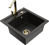 Mexen Vito Granitspüle 1-Becken mit Küchenarmatur Rita, schwarz/gold metallic - 6503-75-670300-50