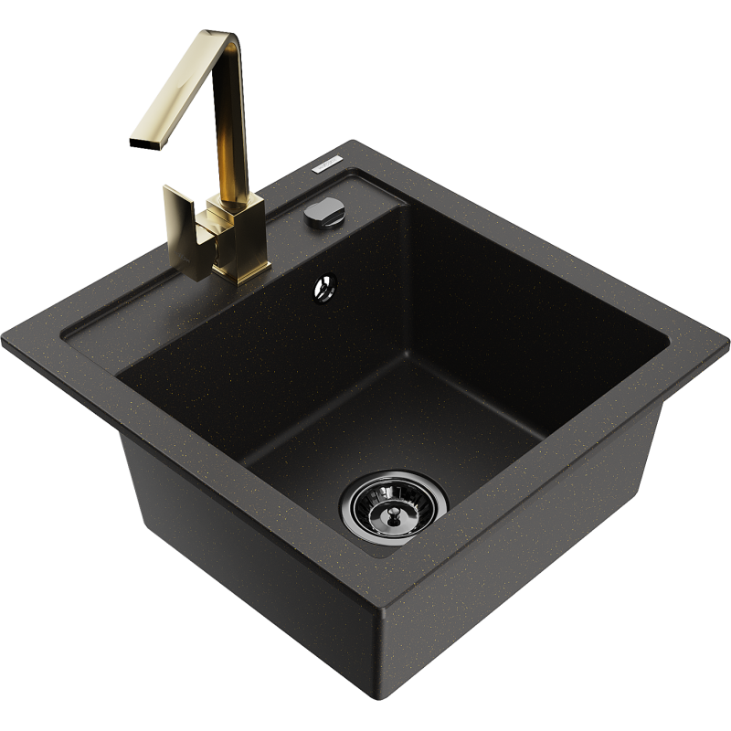 Mexen Vito Granitspüle 1-Becken mit Küchenarmatur Rita, schwarz/gold metallic - 6503-75-670300-50-B