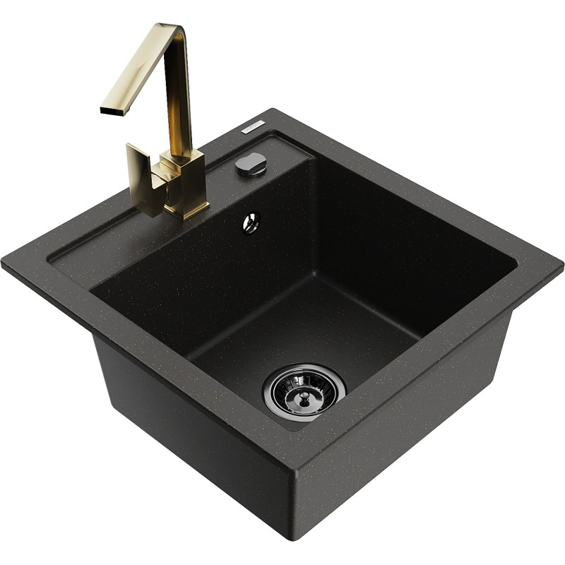 Mexen Vito Granitspüle 1-becken mit Küchenarmatur Rita, Schwarz/Gold Metallik - 6503-75-670300-50-B
