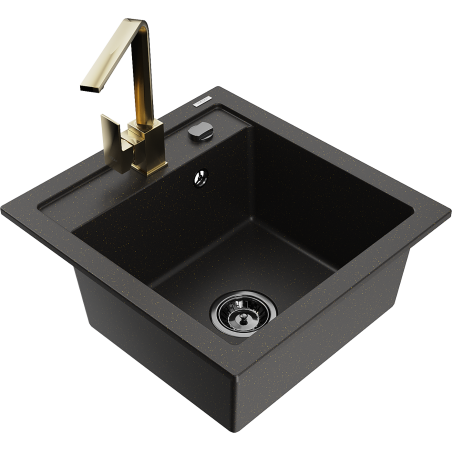 Mexen Vito Granitspüle 1-Becken mit Küchenarmatur Rita, schwarz/gold metallic - 6503-75-670300-50-B