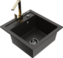 Mexen Vito Granitspüle 1-Becken mit Küchenarmatur Rita, schwarz/gold metallic - 6503-75-670300-50-B